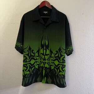 Vintage Amplify Green Black Tribal Button Shirt Men's XL Y2K Retro